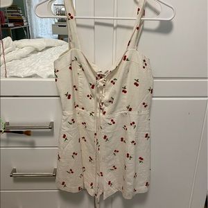 Cherry Print Cute White Overalls/Romper With String Tie